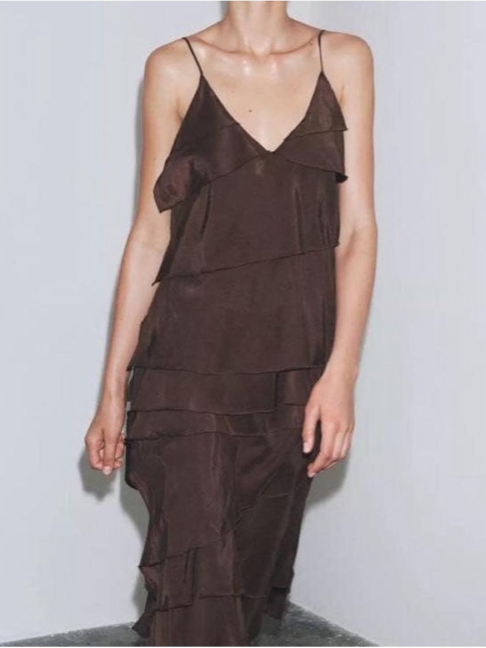 Zara Brown Ruffle Maxi Dress Size Large
